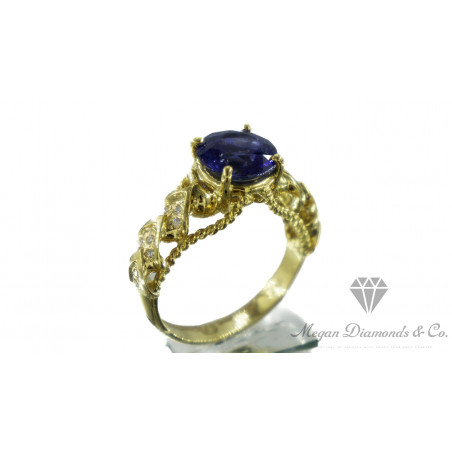 Yellow Gold Ring Unique Blue Sapphire Root