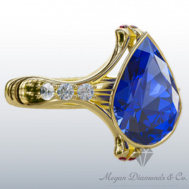Yellow Gold Ring Unique Blue Sapphire Pear of Ocean