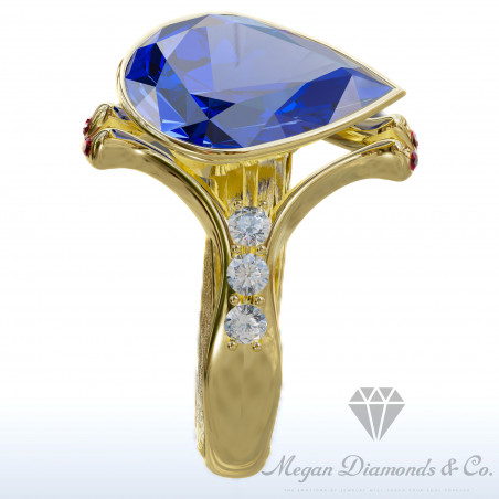 Yellow Gold Ring Unique Blue Sapphire Pear of Ocean