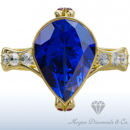 Yellow Gold Ring Unique Blue Sapphire Pear of Ocean