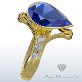 Yellow Gold Ring Unique Blue Sapphire Pear of Ocean