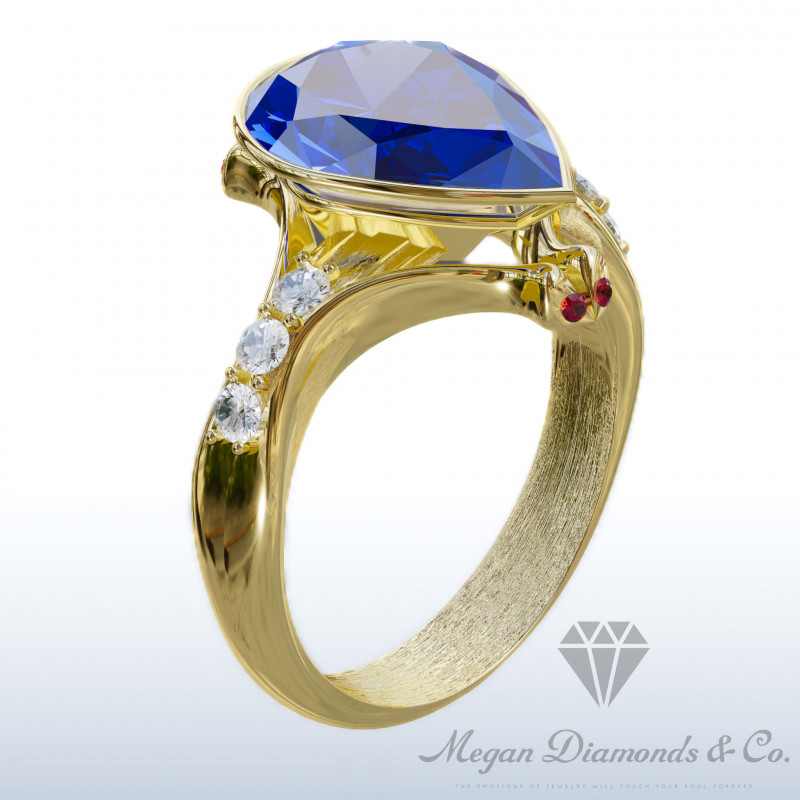 Yellow Gold Ring Unique Blue Sapphire Pear of Ocean